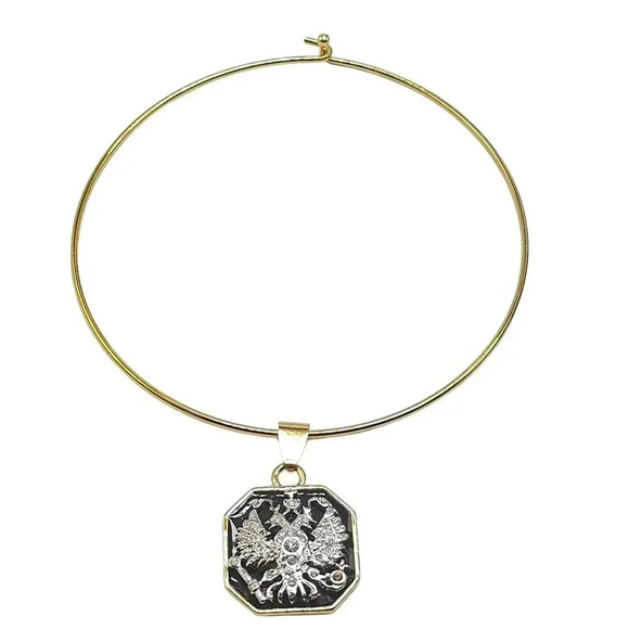 Vintage Joan Rivers Black Gold Imperial Russian Eagle Enamel Pendant Choker - Picture 1 of 6